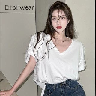 Áo thun nữ cổ chữ V Erroriwear 2024 Áo thun Cotton co giãn mới dáng rộng và đa năng Áo thun ngắn tay màu trơn đơn giản