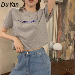 Du YAN Phong cách Hàn Quốc mới dáng rộng phong cách ngắn kín đáo in chữ áo thun ngắn tay siêu hot dành cho nữ