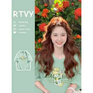 「RTVY」Bạc Hà Xanh Ngắn Tay Áo Nữ Mùa Hè Oversize Chữ In Hình Cotton Nguyên Chất Nửa Tay Top