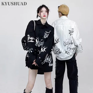 Áo sơ mi nam KYUSHUAD kiểu Mỹ retro hợp thời trang in graffiti thiết kế giản dị đẹp trai màu đen đa năng Áo thun