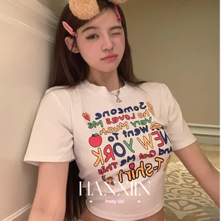 HANXIN áo phông áo thun nữ croptop baby tee Fashion Vintage Dễ thương Thời trang WTX2440F65 15Z240410