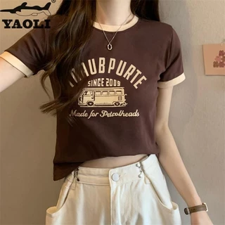 Áo Thun crop top Cổ Tròn Màu Sắc Tương Phản Ngọt Ngào Thời Trang Cho Nữ