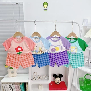 Đồ Bộ Cộc Tay Bé Gái, Bé Trai MinkyMom Vải Cotton Lụa Hoạ Tiết Hoa Đỏ Quần Kẻ, Bộ Quần Áo Cho Bé Mặc Nhà MKM401