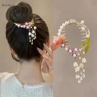 Phụ Nữ Cô Gái Tính Khí Vuốt Tóc Kẹp Đuôi Ngựa Chignon Bun Khóa Kẹp Tóc Tinh Tế Lily Của Thung lũng Tua Rua Giả Ngọc Trai Cá Mập Kẹp Phụ Kiện Tóc