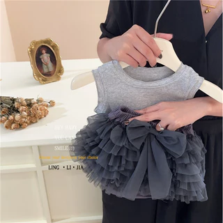 Bé Gái Mùa Hè tutu hakama Bộ Hai Mảnh Lưới Cao Cấp Bánh Váy Áo vest Dễ Thương Quần Short Phù Hợp Với Triều