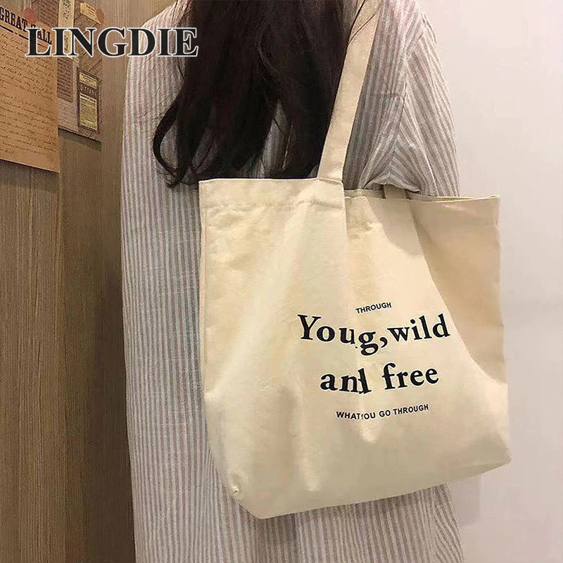 Lingdie Túi vải đeo vai đơn nữ lớp học sinh văn học phiên bản Hàn Quốc retro thời trang mua sắm dây kéo túi vải