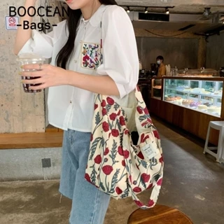 BOOCEAN Túi Tote, Túi Đeo Vai Vải Hoa, Túi Mua Sắm Mở In Dung Tích Lớn Thường Ngày Nữ