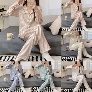 Đồ Ngủ Nữ Sọc Pyjama Bộ Lụa Satin Quần Áo Nhà Xanh M XXL