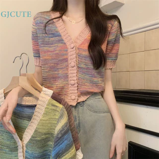 Gjcute Áo cardigan dệt kim tay ngắn dáng ôm phong cách Hồng Kông thời trang hè cho nữ