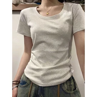 [100% Cotton] Áo thun bé Solid Top Casual Top Thời trang nữ lệch vai cổ chữ o Áo thun ngắn tay Top