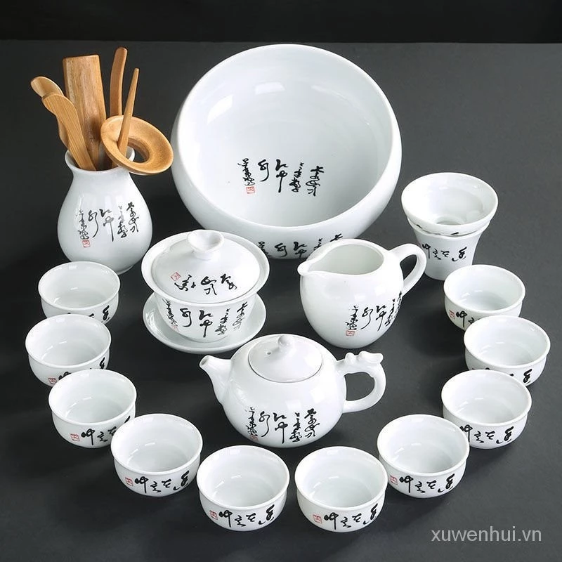 Bộ Trà Trắng Sứ Kung Fu Trà Trà Trà Trà Ấm Trà Gốm Jingdezhen Gaiwan Bộ Trà Hộ Gia Đình