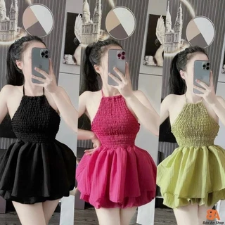 Sét babydoll phồng kiểu bí phối cổ yếm gợi cảm chất vải Voan nhún thun body FreeSize Trơn