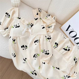 Váy ngủ gấu trúc dễ thương dành cho nữ Mùa hè Cotton nguyên chất Gạc ngắn tay Váy dài vừa phải Bộ đồ ngủ Phụ nữ mang thai dáng rộng với Che