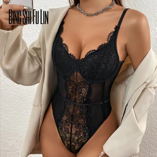 Bingshifulin Nữ 2024 Ren Mới Nhìn Xuyên Qua Sâu V Lưng Mỏng Gợi Cảm Suspender Bodysuits