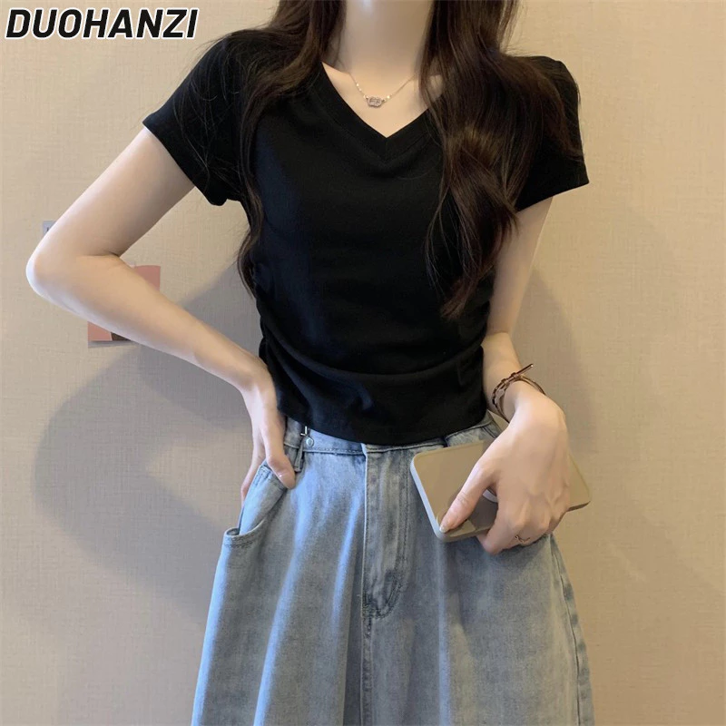 Áo thun nữ DUOHANZI màu trơn cổ chữ V thiết kế mỏng tay ngắn mùa hè phong cách Hàn Quốc hàng đầu đơn giản