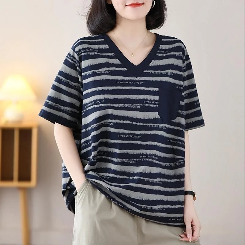 Mùa hè Phong Cách Mới Cotton Nguyên Chất Sọc Cổ Chữ V Áo Thun Nữ Thường Ngày Phù Hợp Với Áo Rời