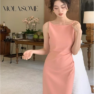 Molasome Nữ 2024 Thời Trang Mới Màu Trơn Cổ Tròn Không Tay Slim Fit Đầm Maxi