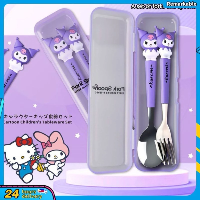 Sanrio Nĩa Bộ Thìa Bộ Hộp Cơm Trưa Bộ Inox Kuromi Muỗng Nĩa Ăn Bộ Đồ Ăn Trẻ Em Học Sinh Bộ Đồ Ăn