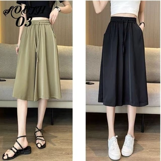 Ice Silk Ba Phần Tư Culottes Quần Ống Rộng Nữ Mùa Hè Mỏng Rời Mỏng Mới Kích Thước Lớn Culottes Ống Thẳng Quần