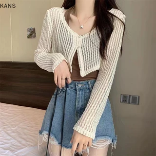 Kans Mùa Hè Nữ Thời Trang Hàn Quốc Dài Tay Dệt Kim Rỗng Smock Crop Cardigan vn