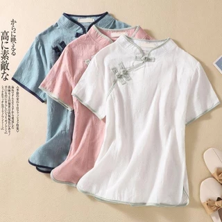 Phong Cách Trung Hoa Vải Lanh Cotton Top Văn Học Trà Quần Áo Cổ Đứng Lên Nút Chéo Áo Sơ Mi Tay Ngắn Nữ Cải Tiến Đường Phù Hợp Với Tai-Picking Quần Áo-w2