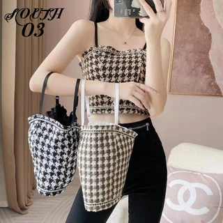 Áo yếm mùa xuân hè dành cho nữ, Áo len Houndstooth xếp ly bên trong, lưng đẹp, Áo ống quấn ngực mỏng đa năng dành cho nữ