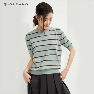 GIORDANO WOMEN Contrasting stripe short sleeve loose sweater 18354611