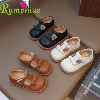 Rumphius Đơn Giản Màu Trơn Bé Gái Da Giày Đế Bằng Ngọt Ngào Đáng Yêu Nơ Đế Mềm Chống Trơn Trượt Giày Trẻ Em Size 21-30