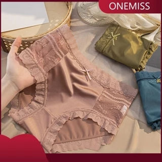 Onemiss Bé Gái Phong Cách Ice Silk Satin Giữa Eo Quần Lót Nữ Cotton Nguyên Chất Kháng Khuẩn Đáy Quần Nữ Ren Size Lớn Quần Lót Nữ