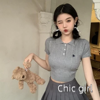 Rjqu-áo Crop top trang bị mùa hè dành cho nữ Áo thun ngắn tay có ve áo thêu nút Crop