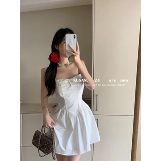 Váy trắng Sling Dress Nữ Mùa hè Phong cách mới Tính khí eo hẹp A