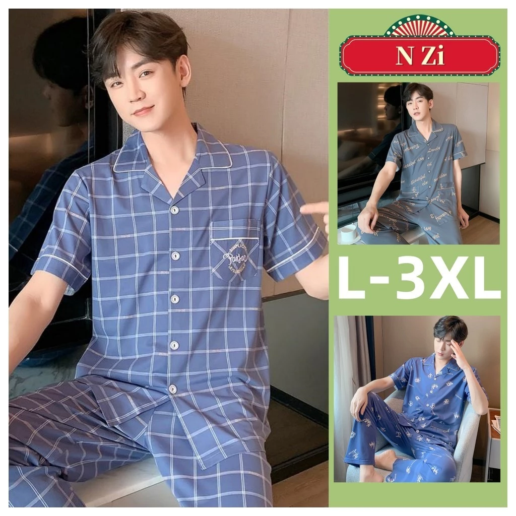 Bộ Đồ Ngủ Nam Cotton Mùa Hè Mỏng Tay Ngắn Bộ Đồ Ngủ Plus Kích Thước Bộ Đồ Ngủ Người Đàn Ông In Hình Trơn Loungewear Váy L-3XL