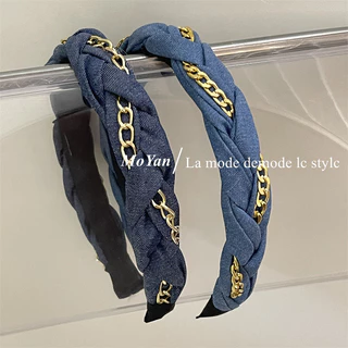 [Băng đô] Phiên bản Hàn Quốc Phong cách Denim Băng đô bện Tính khí Dây chuyền phong cách cổ điển Băng đô Phụ kiện tóc cao cấp