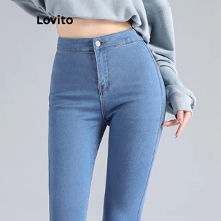 Quần jeans Lovito màu trơn cơ bản phong cách thường ngày dành cho nữ LNE48234