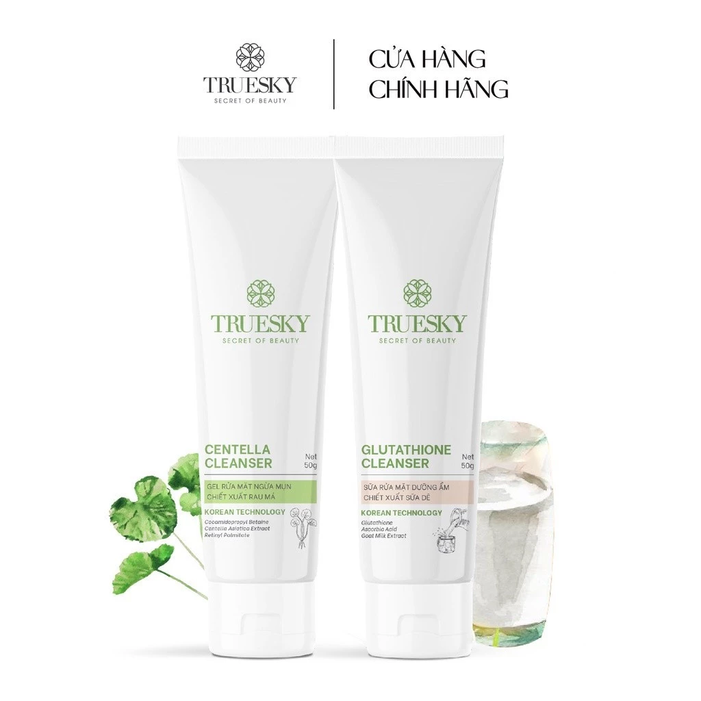 [COMBO 1 TẶNG 1] Dưỡng trắng và ngừa mụn da mặt Truesky gồm 1 gel rửa mặt rau má 50g +1 sữa rửa mặt sữa dê 50g- Skincare