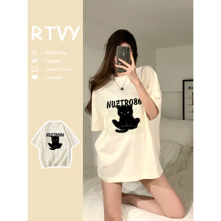 「RTVY」Cotton Nguyên Chất Áo Thun Nữ Mùa Hè Oversize Mèo In Hình Rời Thường Ngày Nữ Top