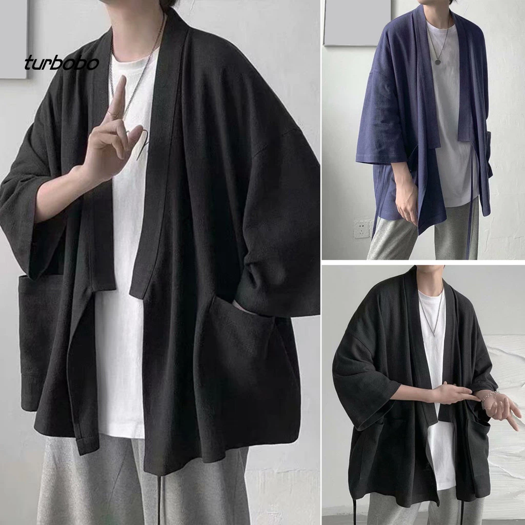 Turbobo Thường Ngày Nam Áo Sơ Mi Mở Stitch Áo Sơ Mi Nam Phong Cách Trung Hoa Retro Cardigan Chống Nắng Khăn Choàng Mềm Mại Thoáng Khí Mùa Hè Áo Sơ Mi Cho Mặc Thường Ngày Với Ba Phần Tư Tay Áo