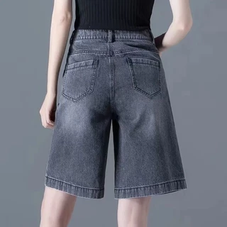 Jiashuchen Crop Quần Nữ Quần Short Denim Mùa Hè Mỏng Phong Cách Mới Cao Cấp Ôm Hơn Nhìn Rộng Chân Quần Short Ngoài