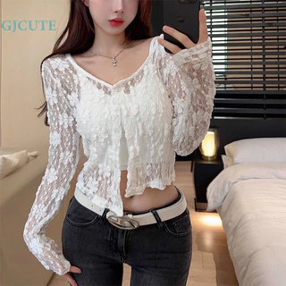 Gjcute Áo khoác dài tay ren Cardigan nữ Áo mùa hè mỏng Áo khoác ngoài phối cảnh rỗng WTD