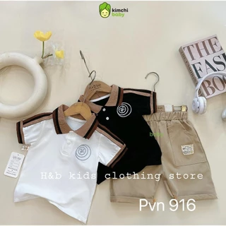 Đồ Bộ Cộc Tay Cho Bé Trai KIMCHIBABY Vải Cotton Thêu Ngực Viền Cổ Nâu, Bộ Quần Áo Polo Cho Bé Mặc Đi Chơi, Đi Học CK426