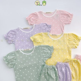 Đồ Bộ Cộc Tay Cho Bé Gái KIMCHIBABY Vải Cotton 4C Hoạ Tiết Chấm Bi Bèo Nhún, Bộ Quần Áo Cho Bé Mặc Nhà K407