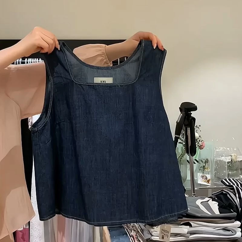 Cao Cấp Phong Cách Phương Tây Rời Mềm Denim Áo Vest Top Nữ Cổ Vuông Xanh Không Tay Nhỏ Sling