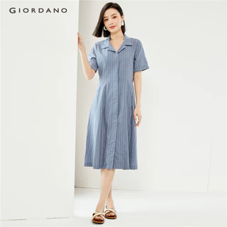 Đầm sơ mi GIORDANO 05464336 ngắn tay cổ chữ V cotton lanh thời trang cho nữ