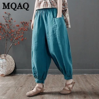 Mqaq 100% Cotton Và Gai Dầu Đèn Lồng Quần Nữ Mùa Hè Mới Crop Quần Văn Học Và Thường Ngày Rời Buộc Chân Đa Năng Harlan Quần