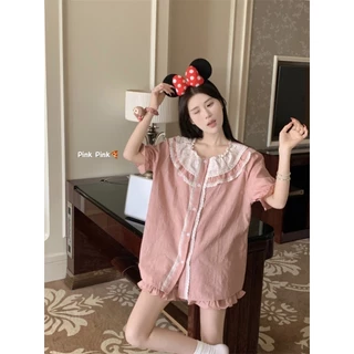 BN206_01_Bộ ngủ, pijama nữ ngắn tay cổ ren bèo màu hồng pastel | Hàng quảng châu cao cấp