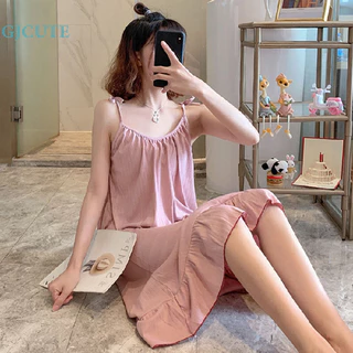 Gjcute Bộ Đồ Ngủ Treo Nữ Mùa Hè Gợi Cảm Rời Dễ Thương Màu Trơn Váy Ngủ Thường Ngày WTD