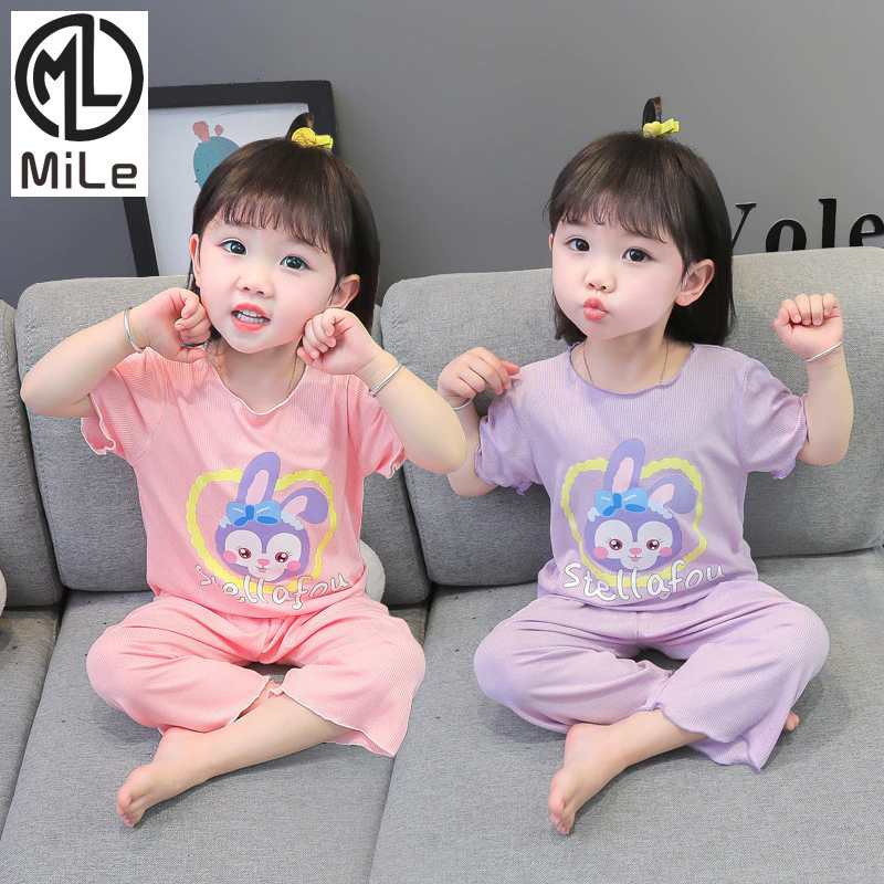 [Ml] 80-140cm Mùa Hè Phong Cách Mới Ice Silk Phong Cách Mỏng Thoáng Khí Bé Gái Homewear Bộ Đồ Ngủ Ngôi Sao Dễ Thương Delu Phù Hợp Với Hai Mảnh Nhỏ Vừa Trẻ Em