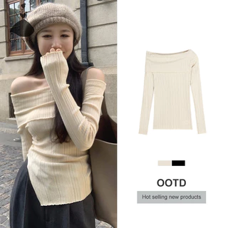 Áo Sweater Dệt Kim Trễ Vai Tay Dài Màu Trơn Thời Trang Thu Đông Cho Nữ