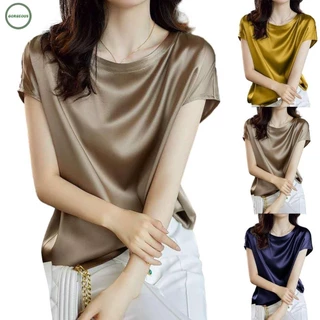 New Coming~Soft and Shiny Women's Satin Blouses Summer Short Sleeve O Neck Shirt Basic Tops#Home Essentialses