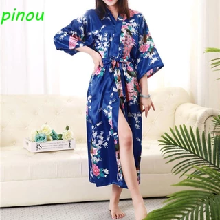 Áo choàng ngủ POOU Áo choàng cưới Con công Satin Áo choàng tắm Kimono